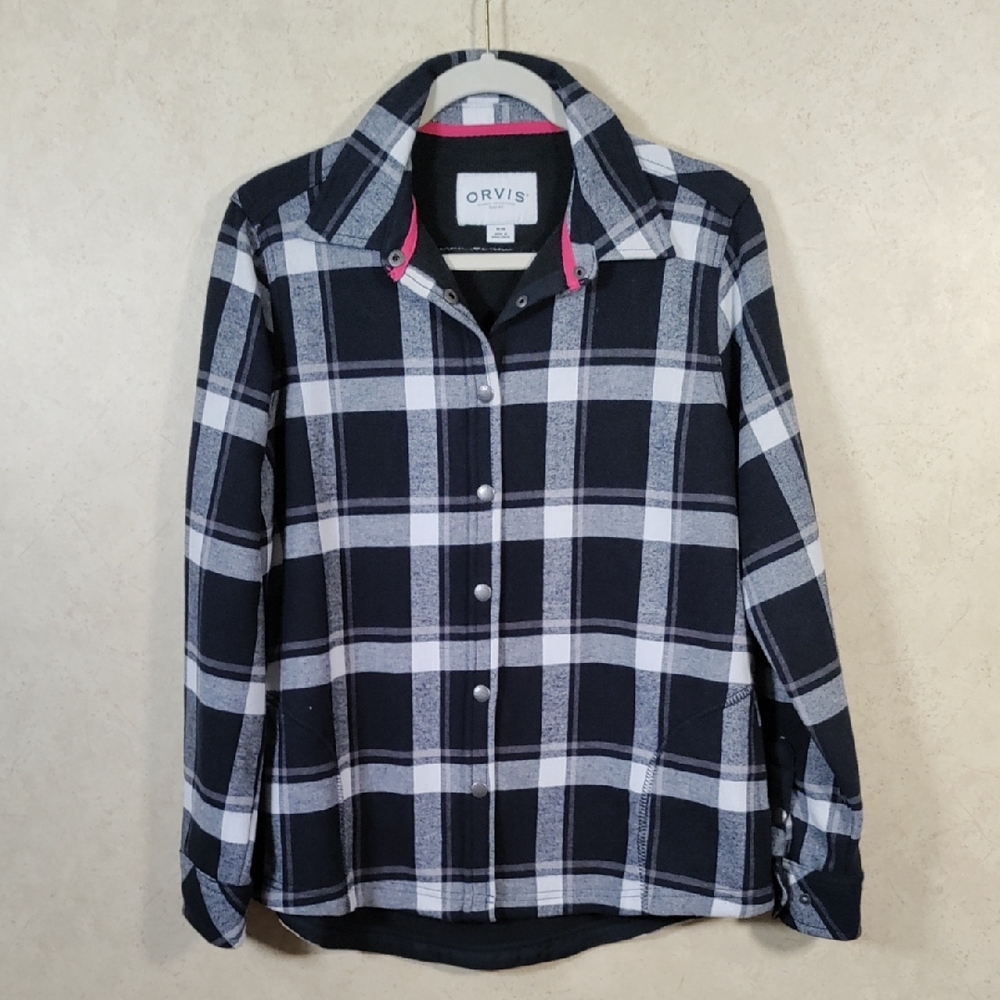 2/$10 05156 Orvis black plaid fleece lined flannel shirt/ shacket M NEW